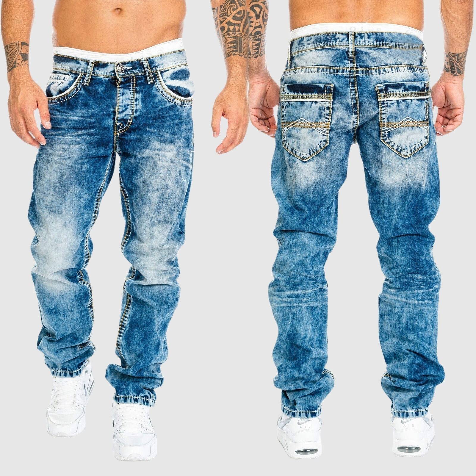 Men's straight leg jeans in a blue acid wash with contrast stitching, front and back view