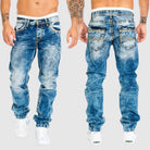 Men's straight leg jeans in a blue acid wash with contrast stitching, front and back view