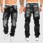 Men's black acid wash jeans with contrast stitching, front and back view