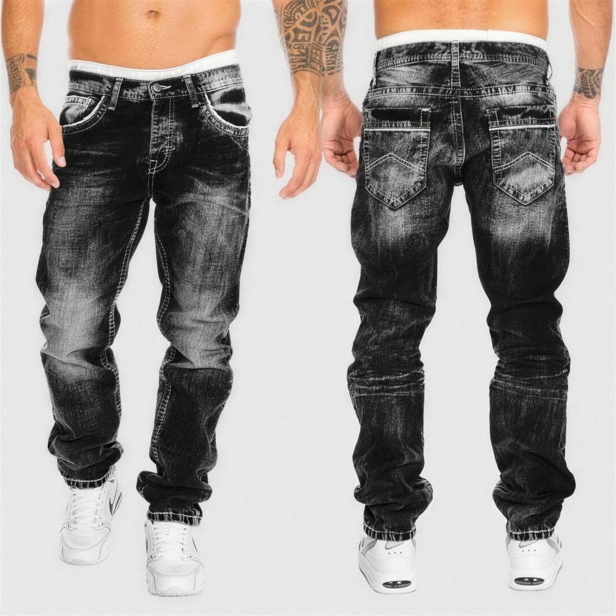 Men's black acid wash jeans with contrast stitching, front and back view