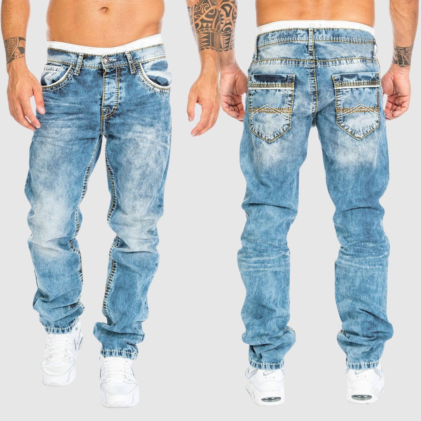 Men's light blue acid wash jeans with contrast stitching, front and back view