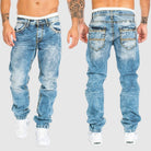 Men's light blue acid wash jeans with contrast stitching, front and back view