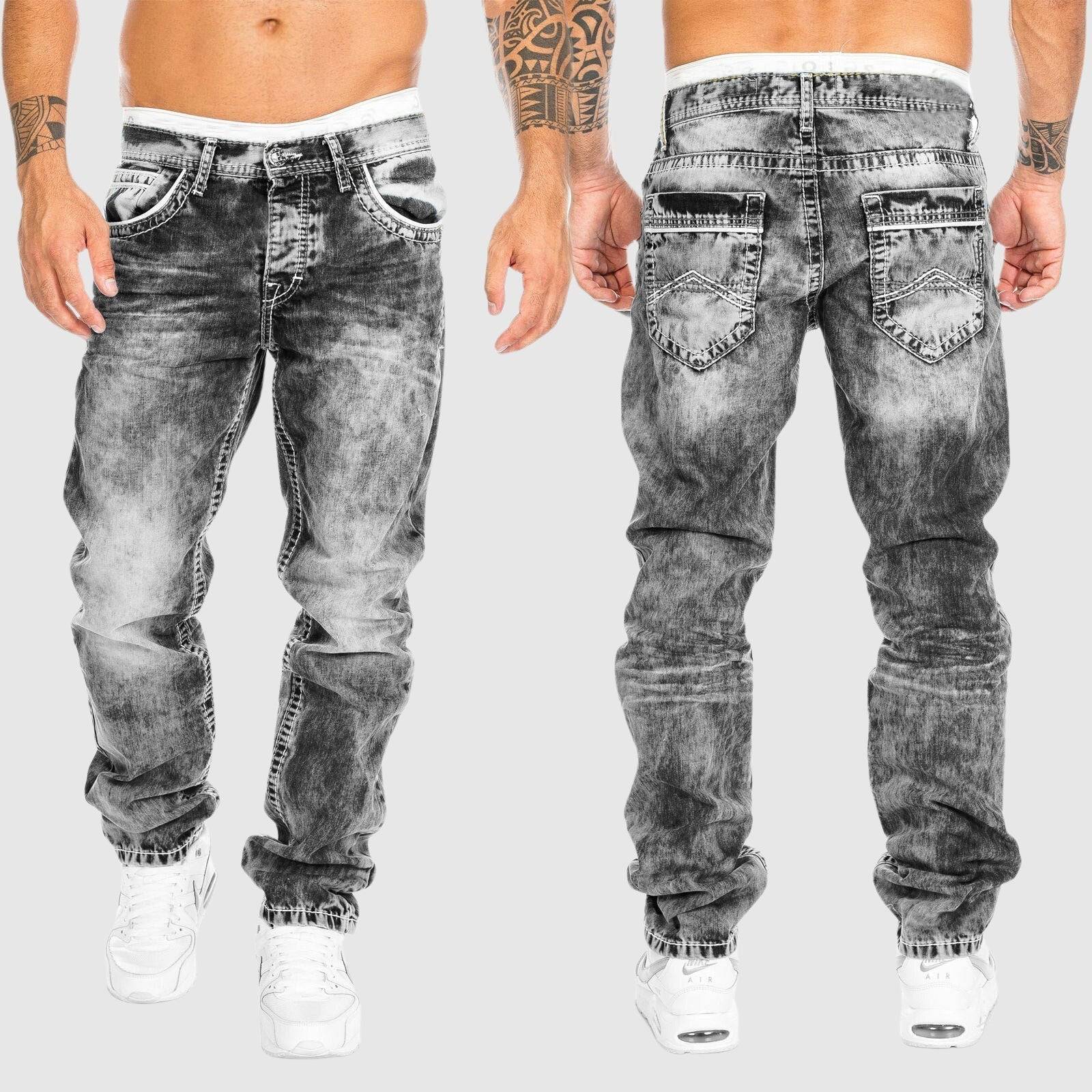 Men's grey acid wash jeans with contrast stitching, front and back view