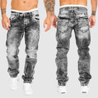Men's grey acid wash jeans with contrast stitching, front and back view