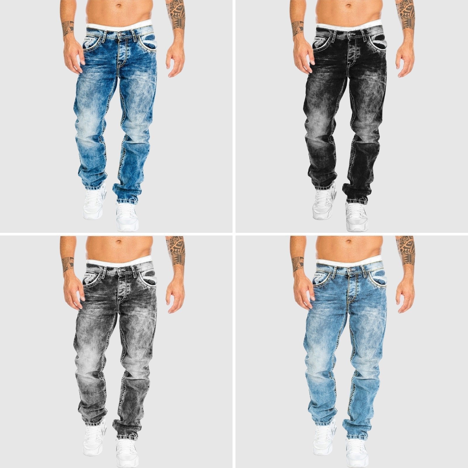 Men's acid wash jeans in blue, black, grey and light blue, all four colours