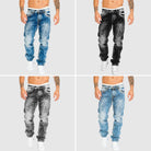 Men's acid wash jeans in blue, black, grey and light blue, all four colours