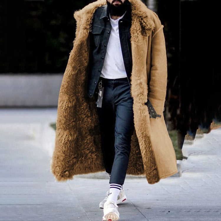 Man wearing tan faux fur long coat over denim jacket outdoors | Chaps London