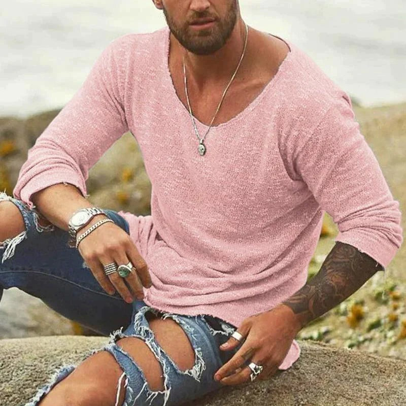 Men's knitted long-sleeve V-neck top in pink