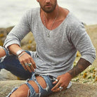 Men's knitted long-sleeve V-neck top in grey