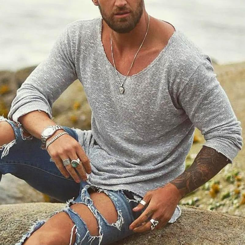 Men's knitted long-sleeve V-neck top in grey