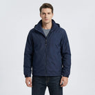Navy outdoor jacket with hood, front view