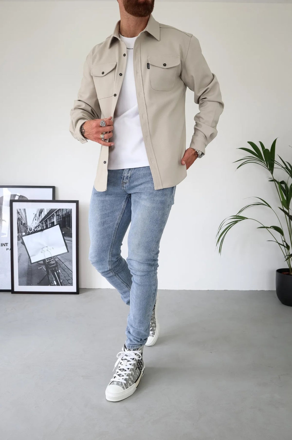 Men's beige button-up overshirt with chest pockets