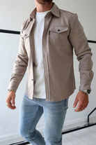 Men's taupe button-up overshirt with chest pockets