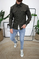 Men's olive button-up overshirt with chest pockets