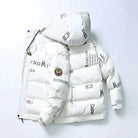 Men's white glossy padded jacket with a hood and an all-over print