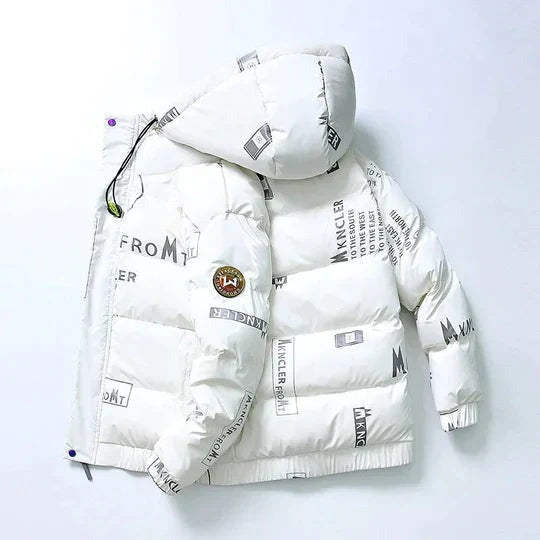 Men's white glossy padded jacket with a hood and an all-over print