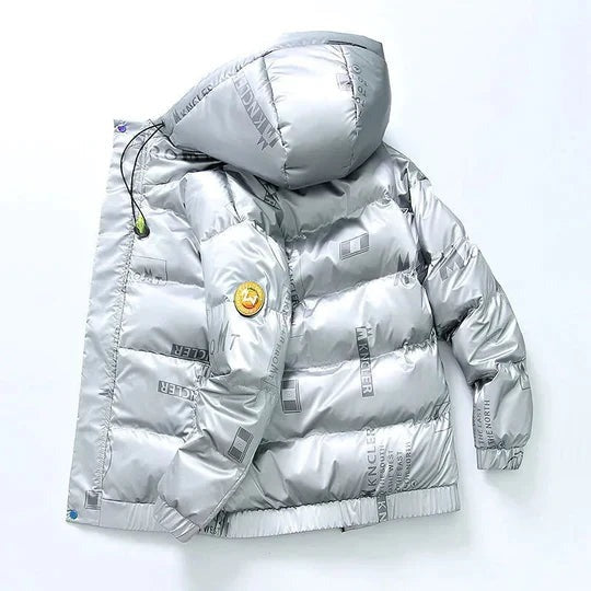 Men's silver glossy padded jacket with a hood and an all-over print