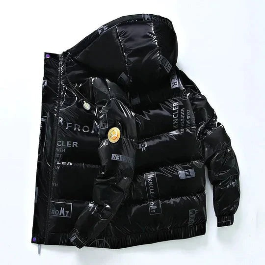 Men's black glossy padded jacket with a hood and an all-over print