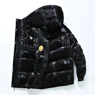 Men's black glossy padded jacket with a hood and an all-over print