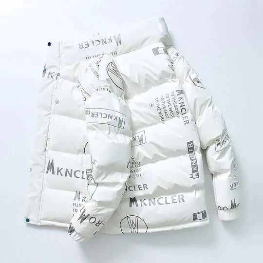 Men's white glossy padded jacket with a stand collar and an all-over print