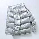 Men's silver glossy padded jacket with a stand collar