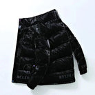 Men's black glossy padded jacket with a stand collar