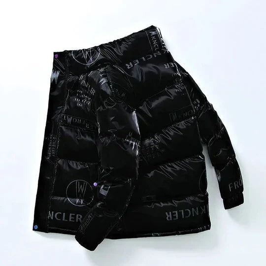Men's black glossy padded jacket with a stand collar