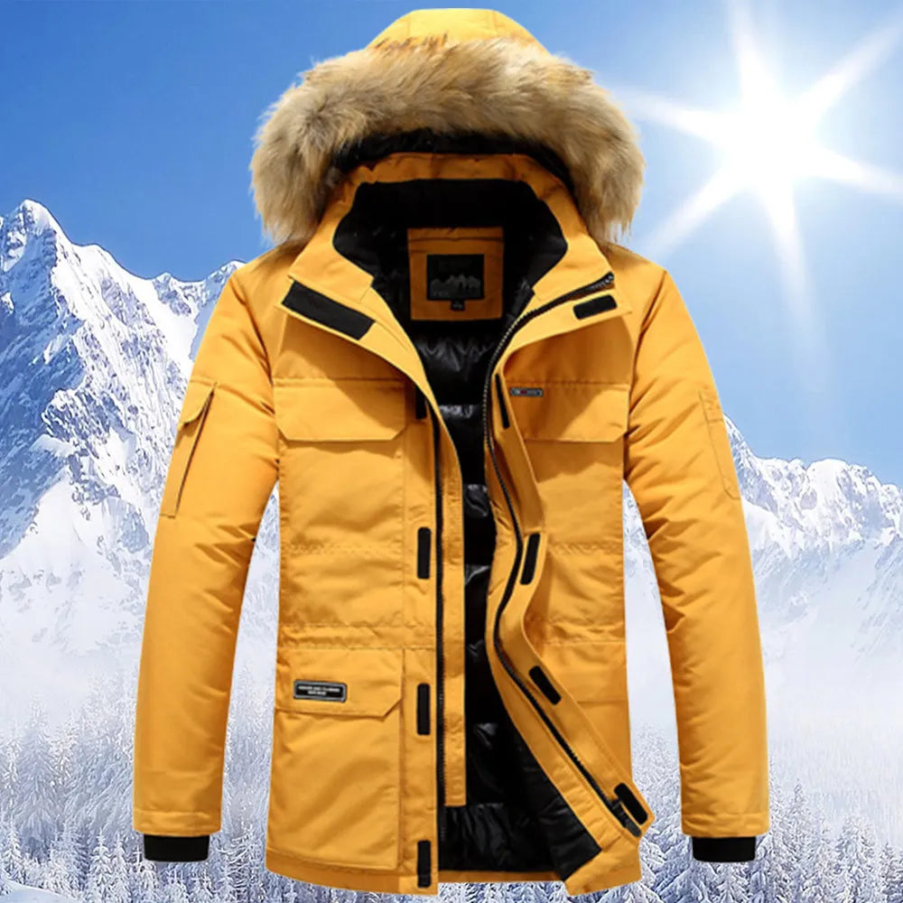 Yellow padded parka with faux fur hood, worn by person, snowy mountains background | Chaps London