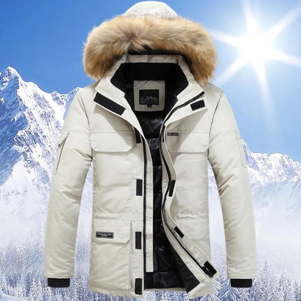 Beige padded parka with faux fur hood, worn by person, snowy background | Chaps London