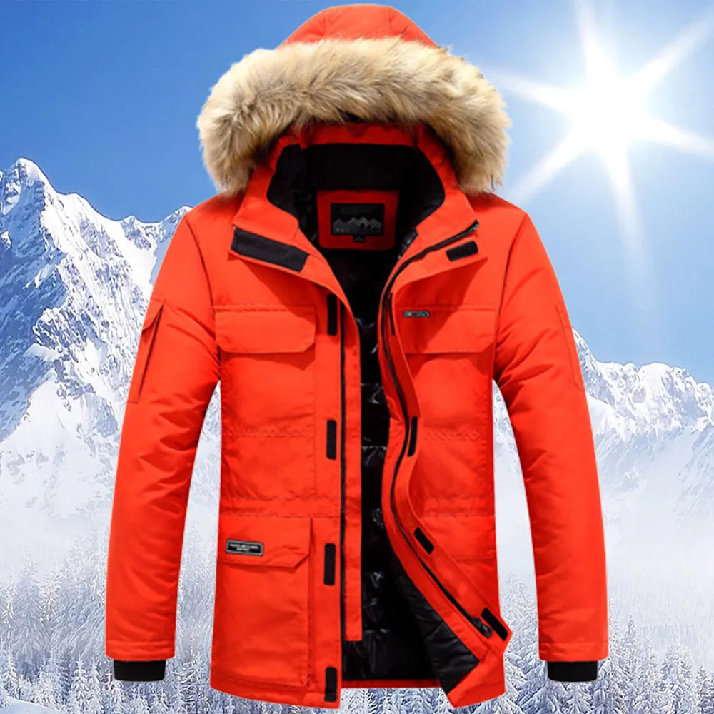 Orange padded parka coat with faux fur hood, worn by person | Chaps London