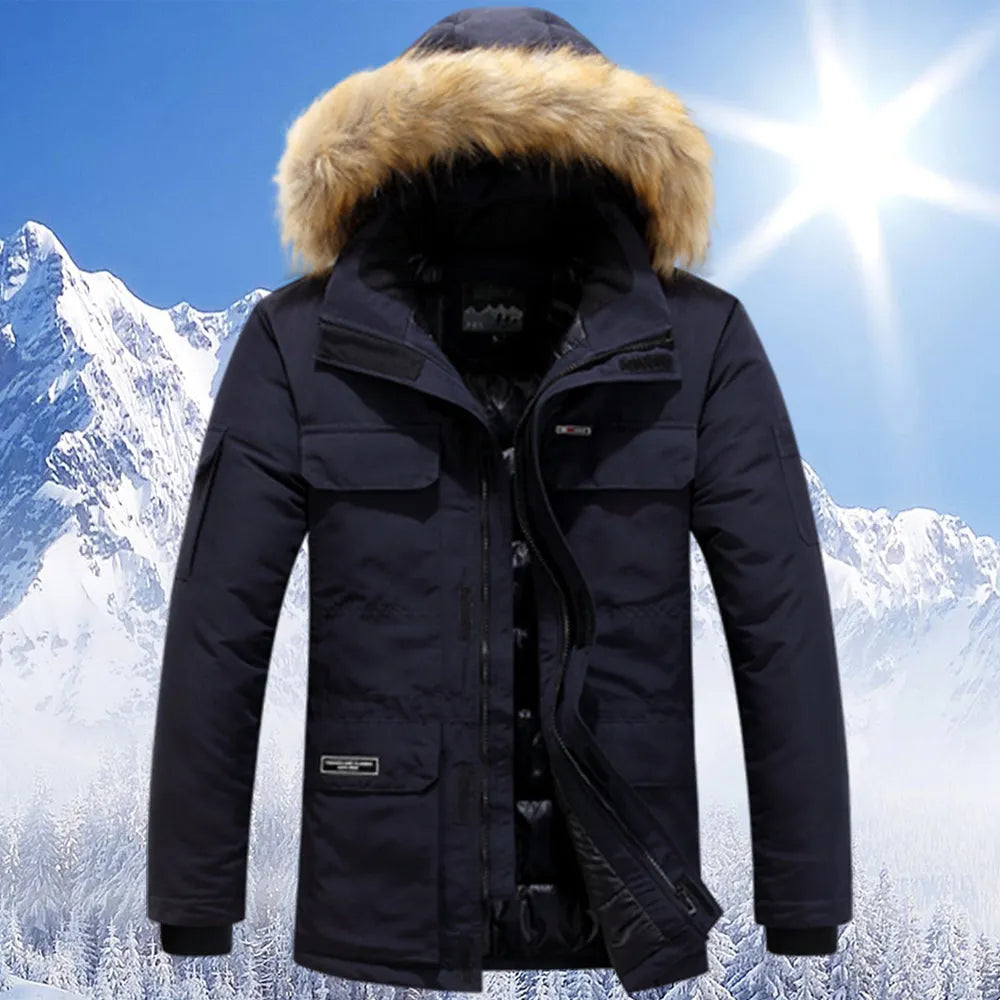 Black padded parka with faux fur hood, unzipped, displayed on invisible mannequin | Chaps London