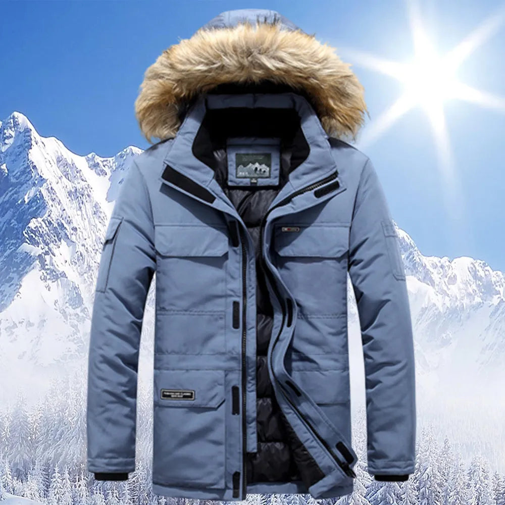 Gray padded parka with fur-trimmed hood, displayed on mannequin torso | Chaps London