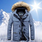 Gray padded parka with fur-trimmed hood, displayed on mannequin torso | Chaps London