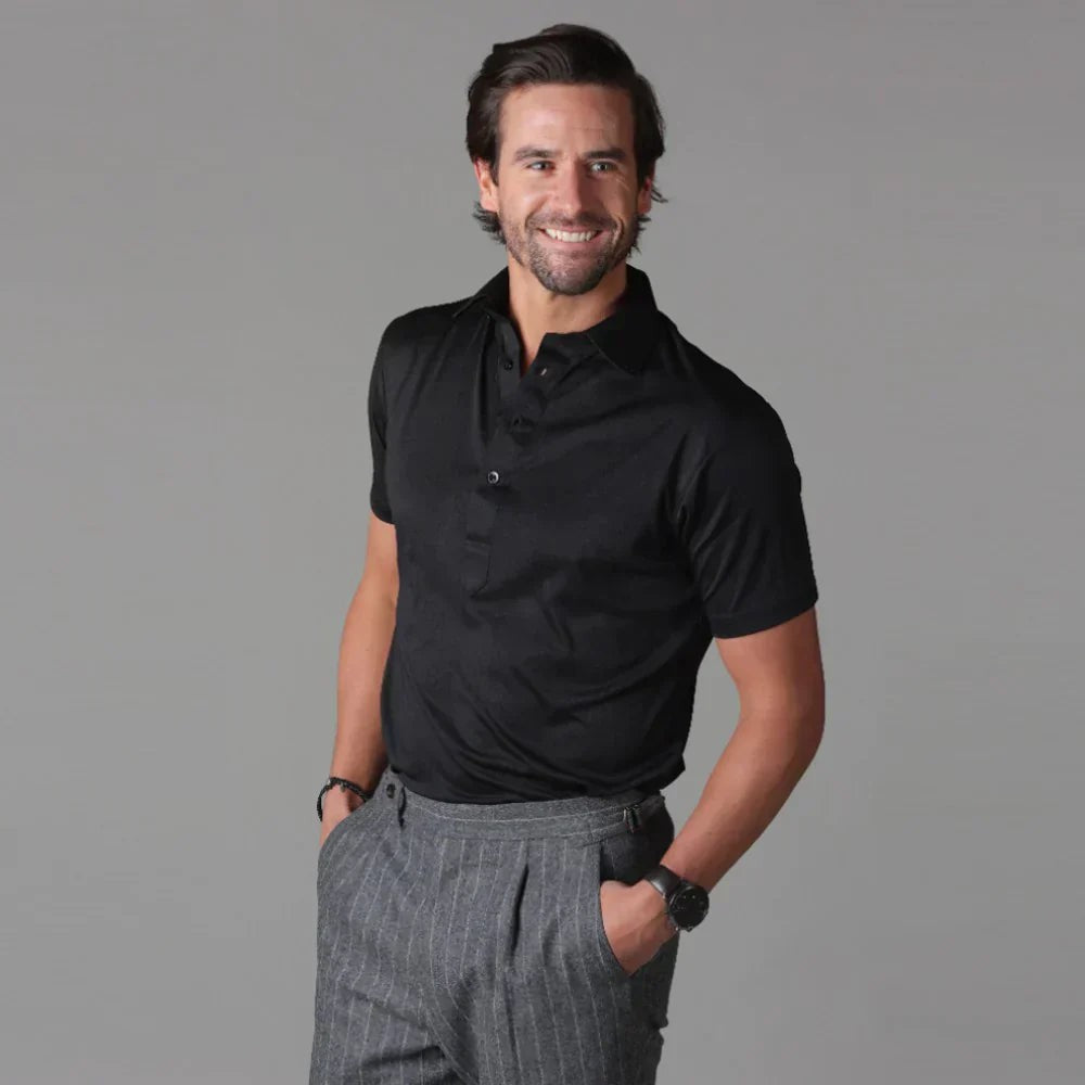 Men's Polo Shirt | Shirt Collar | Half Placket | Short Sleeve-Polo Shirts-Chaps London-Black-S-Chaps London