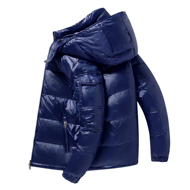 Navy blue glossy puffer jacket with hood, shown on mannequin | Chaps London
