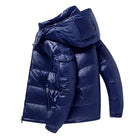 Navy blue glossy puffer jacket with hood, shown on mannequin | Chaps London