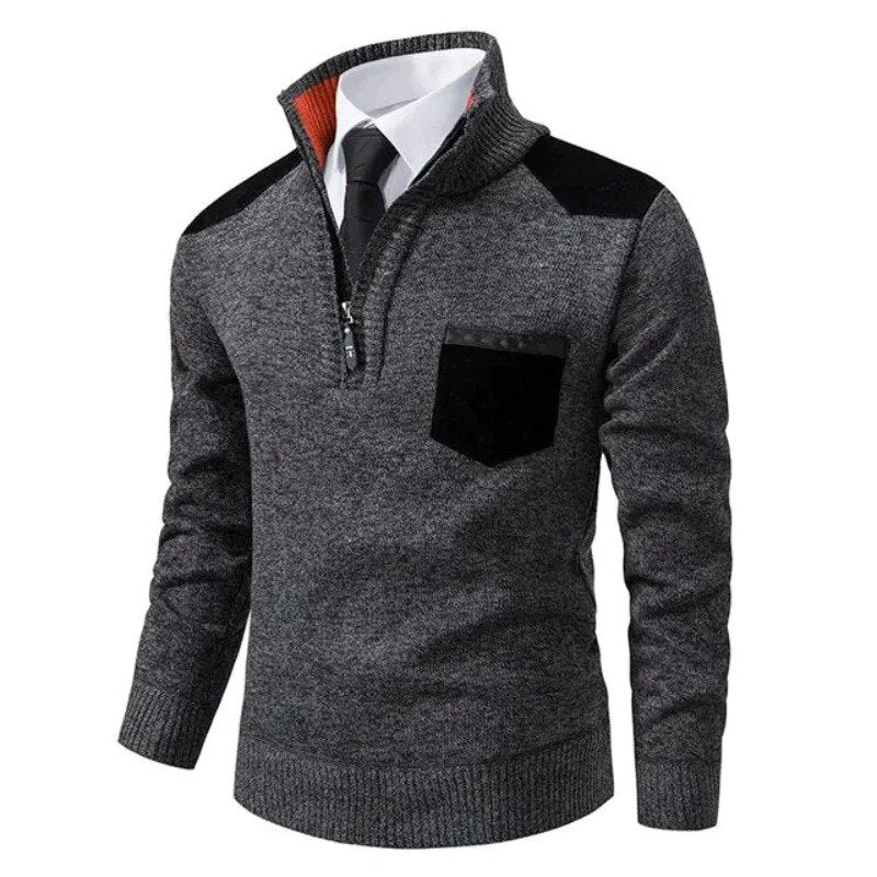 Gray knit quarter-zip sweater with black shoulder patches, worn by mannequin | Chaps London