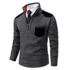 Gray knit quarter-zip sweater with black shoulder patches, worn by mannequin | Chaps London