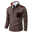 Brown knitted quarter-zip sweater with suede shoulder patches, worn over collared shirt | Chaps London