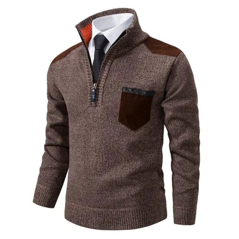 Brown knitted quarter-zip sweater with suede shoulder patches, worn over collared shirt | Chaps London