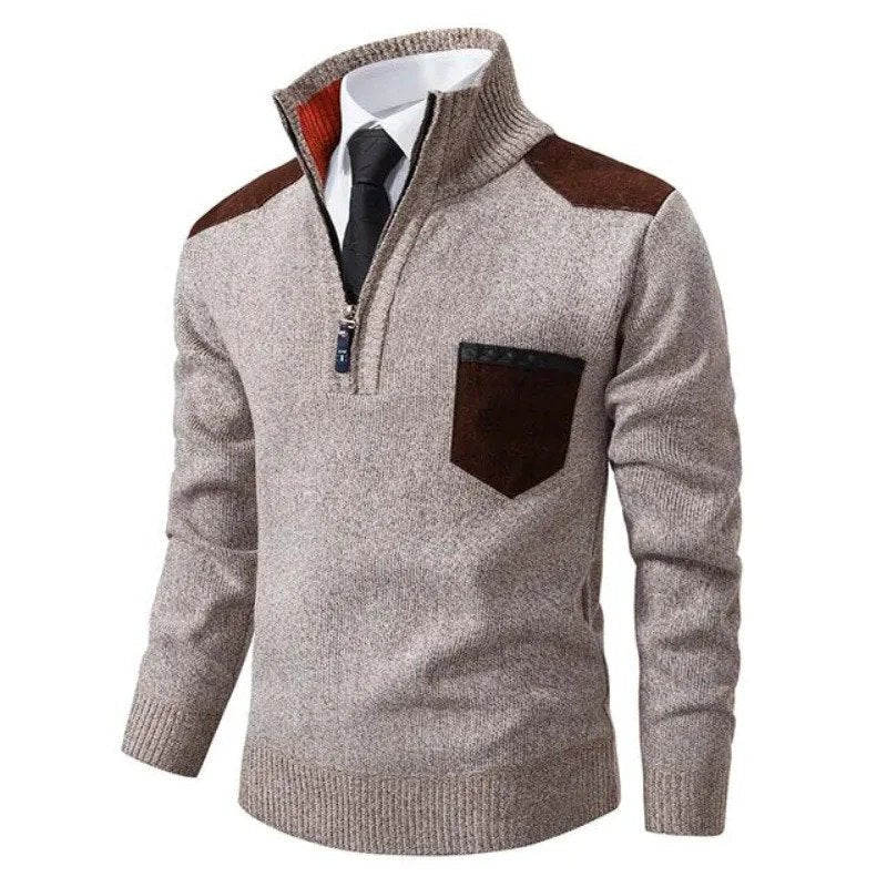 Beige knitted quarter-zip sweater with brown suede patches, worn by mannequin | Chaps London