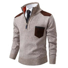 Beige knitted quarter-zip sweater with brown suede patches, worn by mannequin | Chaps London