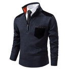 Navy quarter-zip knit sweater with black shoulder patches, worn by model over shirt | Chaps London