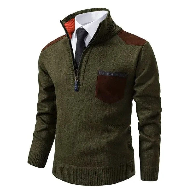 Olive green quarter-zip knit sweater with brown patches, worn by model | Chaps London