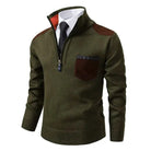 Olive green quarter-zip knit sweater with brown patches, worn by model | Chaps London