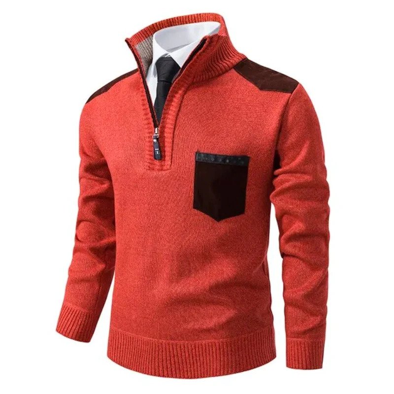 Red knitted quarter-zip sweater with brown patches, shown on mannequin torso | Chaps London
