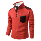 Red knitted quarter-zip sweater with brown patches, shown on mannequin torso | Chaps London