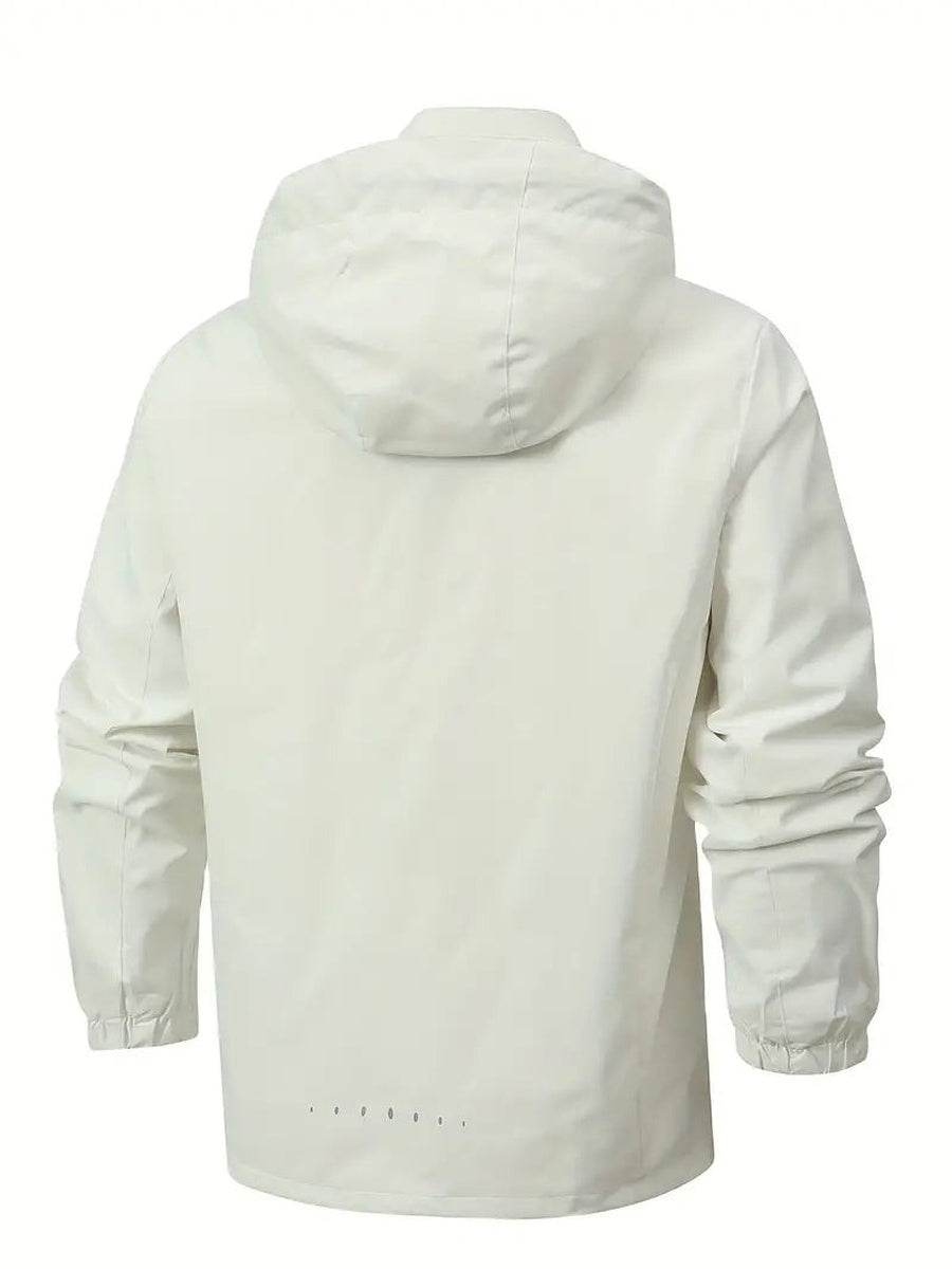 Off white rain jacket, back view