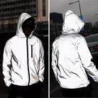 Reflective jacket lighting up at night, front and back