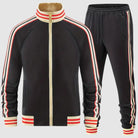 Black retro track jacket and trousers with cream, red and black contrast stripes | Chaps London